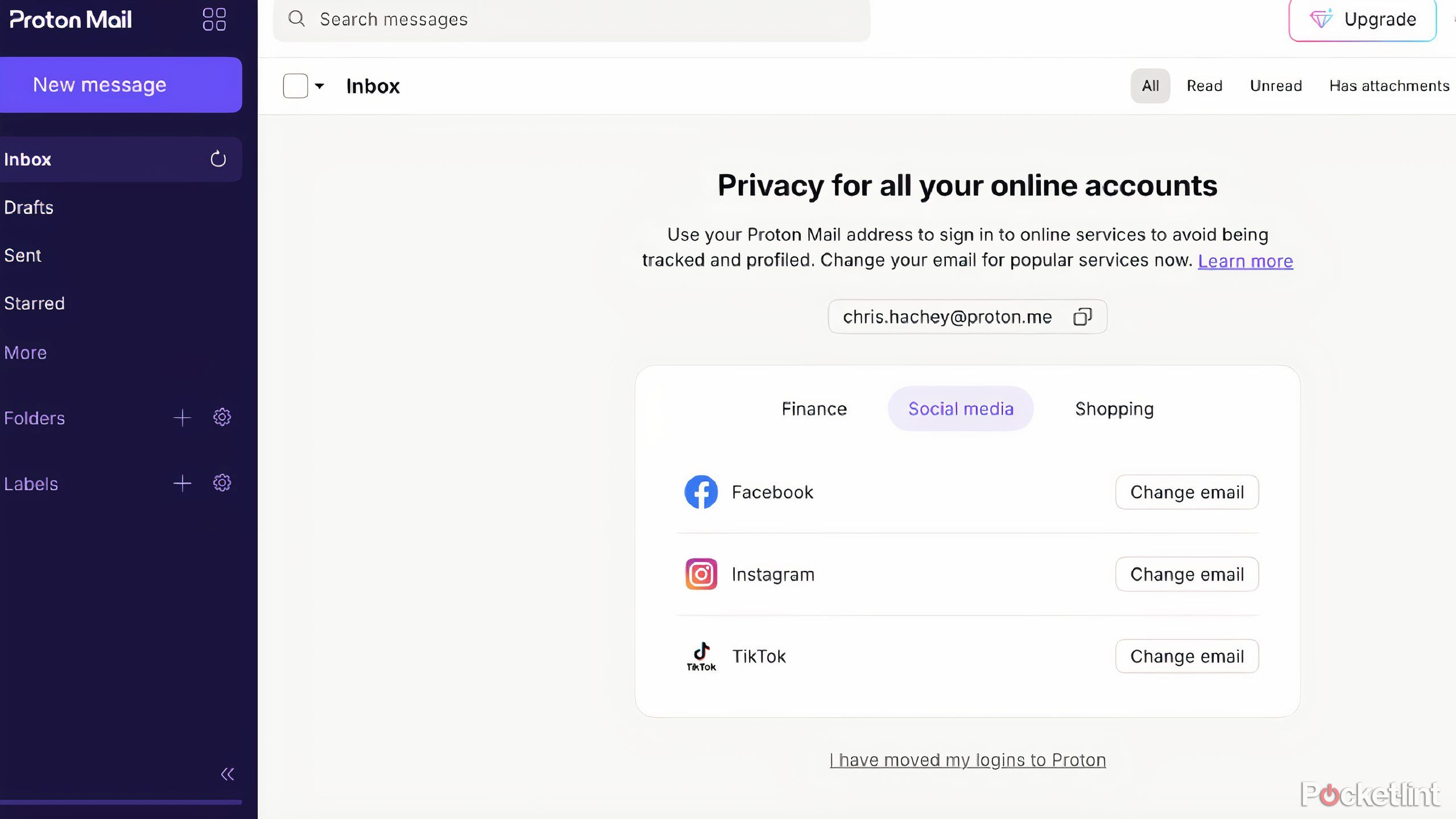 Proton mail highlighting how to change your social media profile emails.