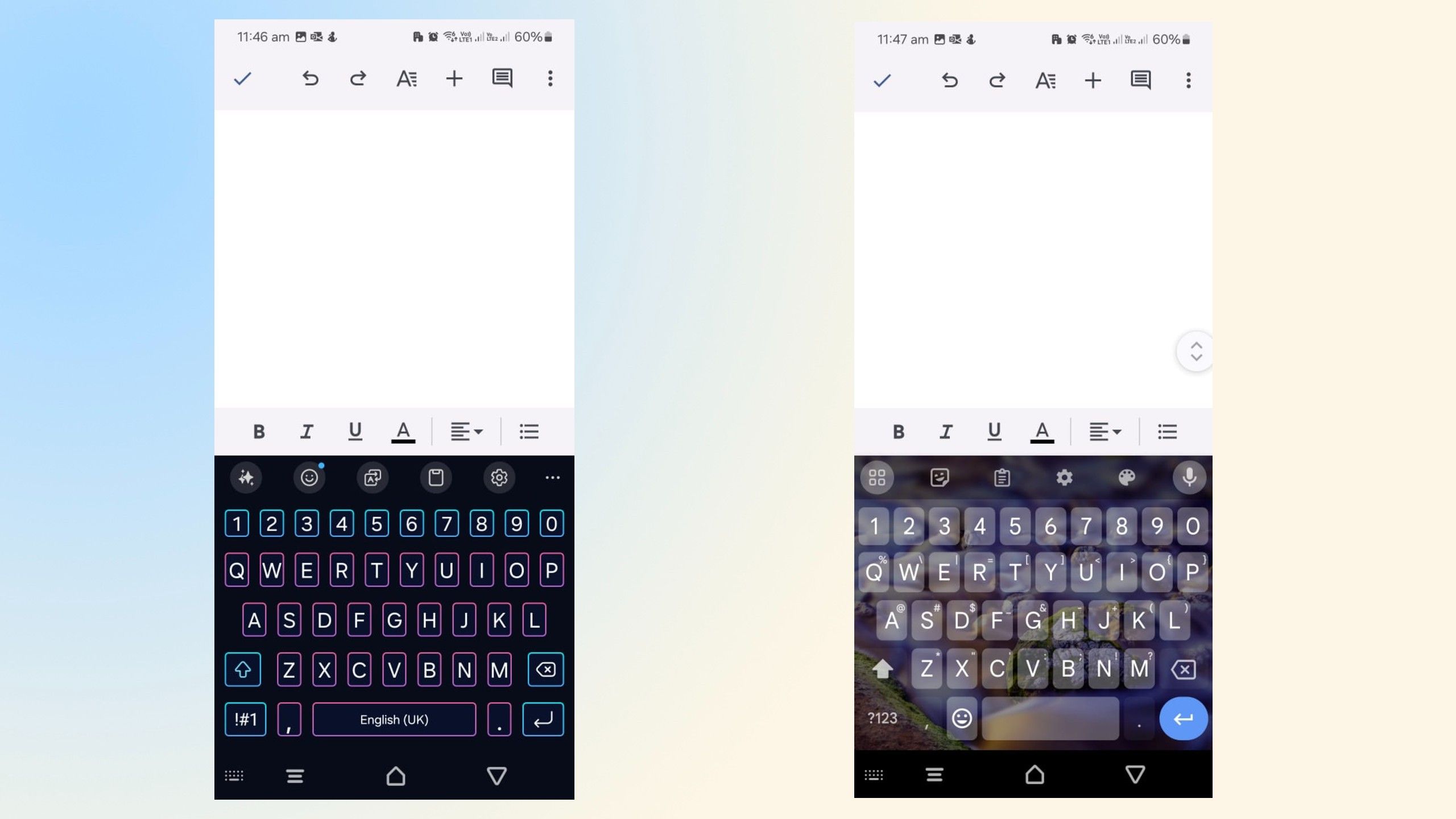 Standard layouts of both Google and Samsung keyboards. 