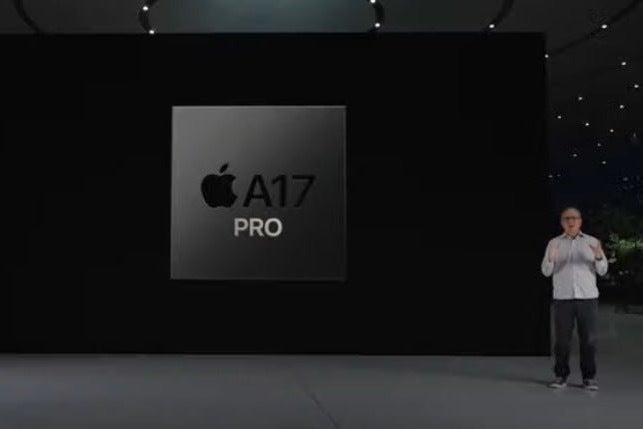 An image of an Apple executive announcing the A17 Pro chip on stage