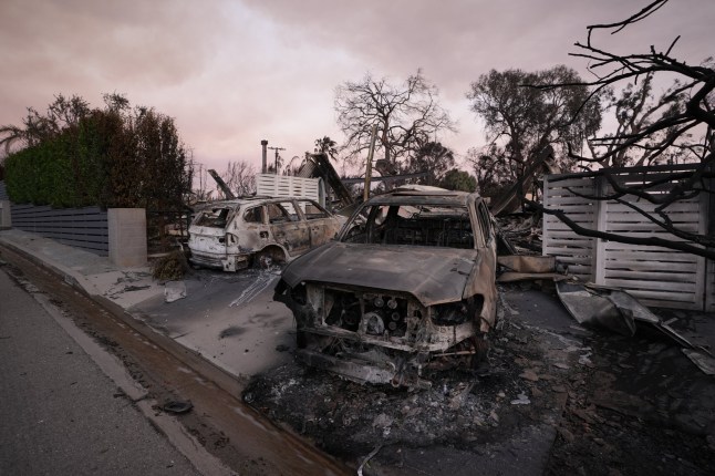 LOS ANGELES, US - JAN. 11: A view of damage as firefighters are still battling to control huge wildfires in Los Angeles that have devastated several areas across the second-largest city of the US on January 11, 2025. At least six wildfires are still burning across the Los Angeles County and 11 people have died, according to the California Department of Forestry and Fire Protection. (Photo by Lokman Vural Elibol/Anadolu via Getty Images)