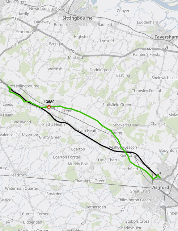 Map showing route 13580 from Hollingbourne to Ashford.