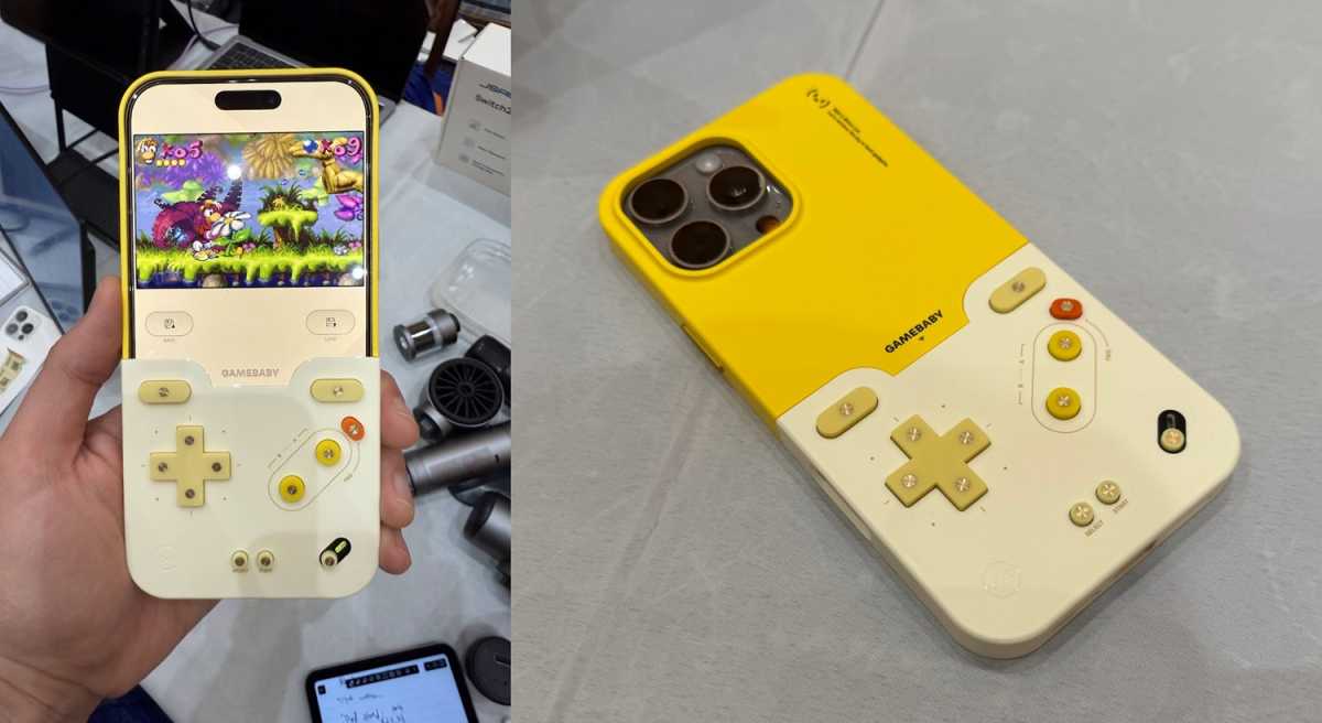 GameBaby reversible iPhone case, playing games in Delta and flipped around to cover the back of the phone