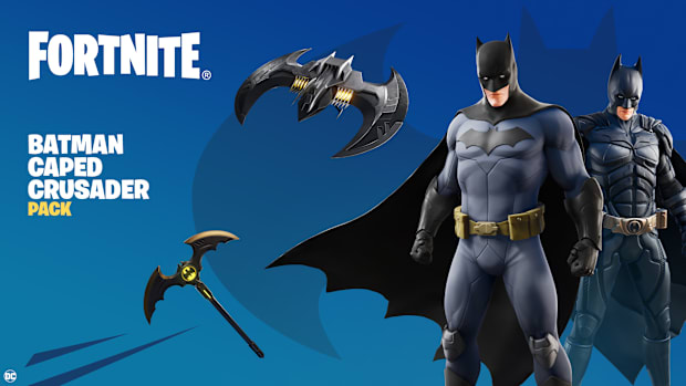 Fortnite Caped Crusader pack. Two different versions of Batman stand on the edge of the image.