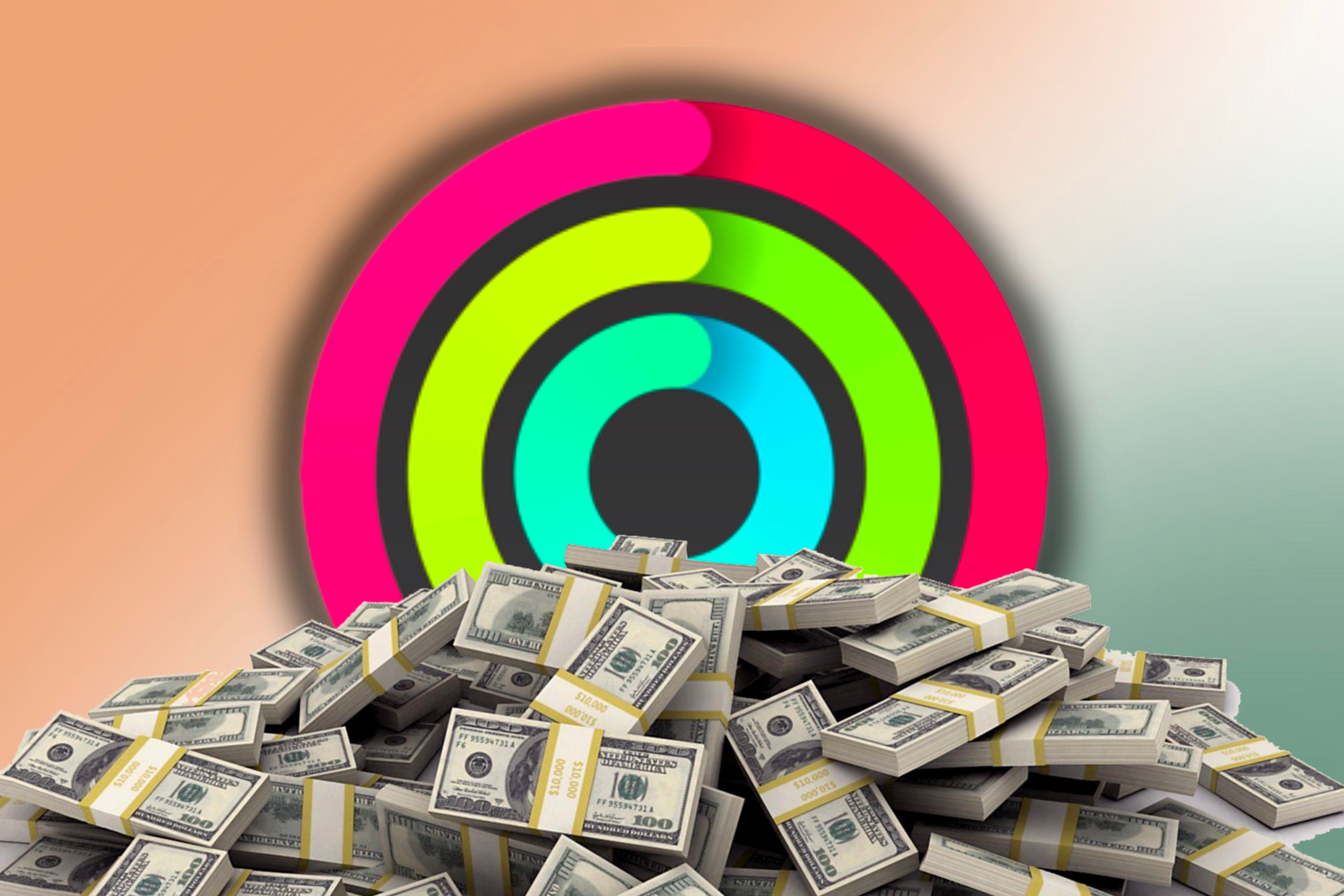 Apple Watch Activity Rings positioned behind a stack of money in front of a colorful background.