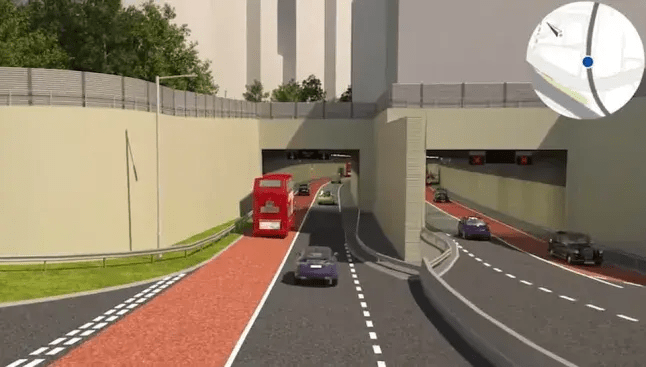 Illustration of vehicles entering the Silvertown Tunnel.