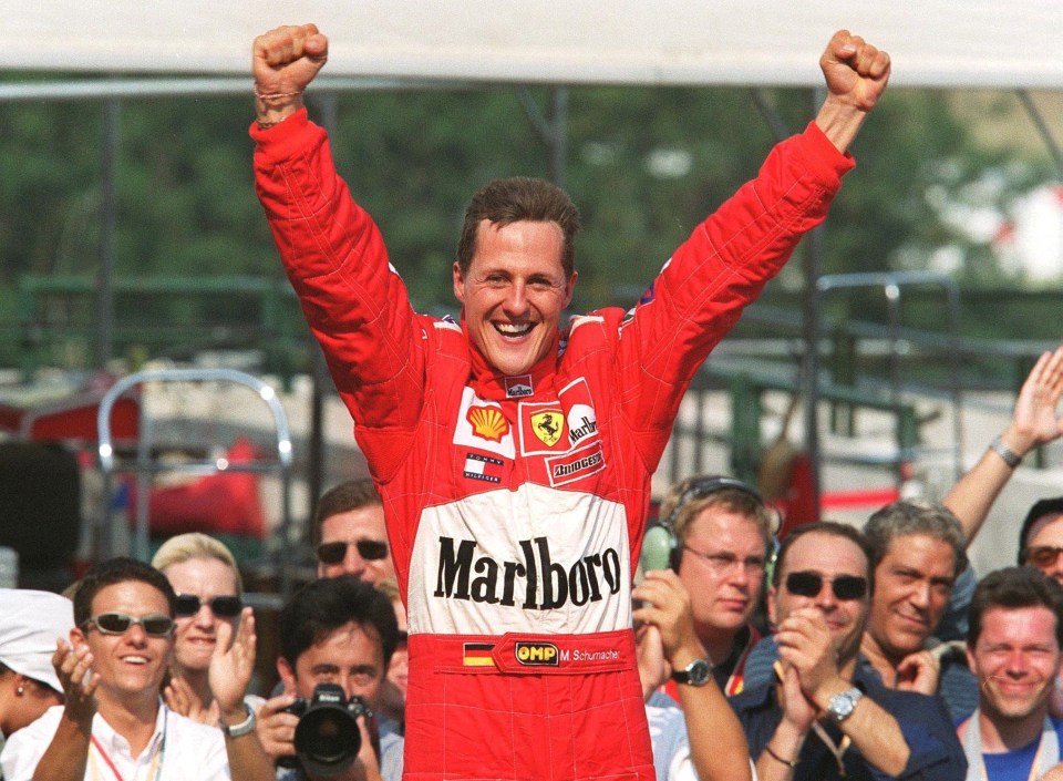 Michael Schumacher celebrating a Formula One victory.