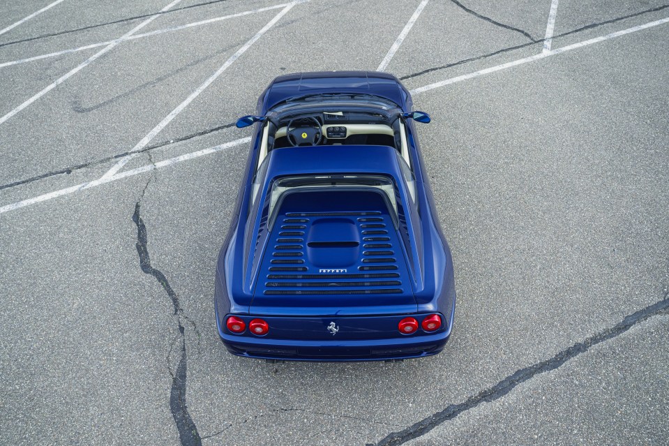 Overhead view of a blue Ferrari F355 GTS.