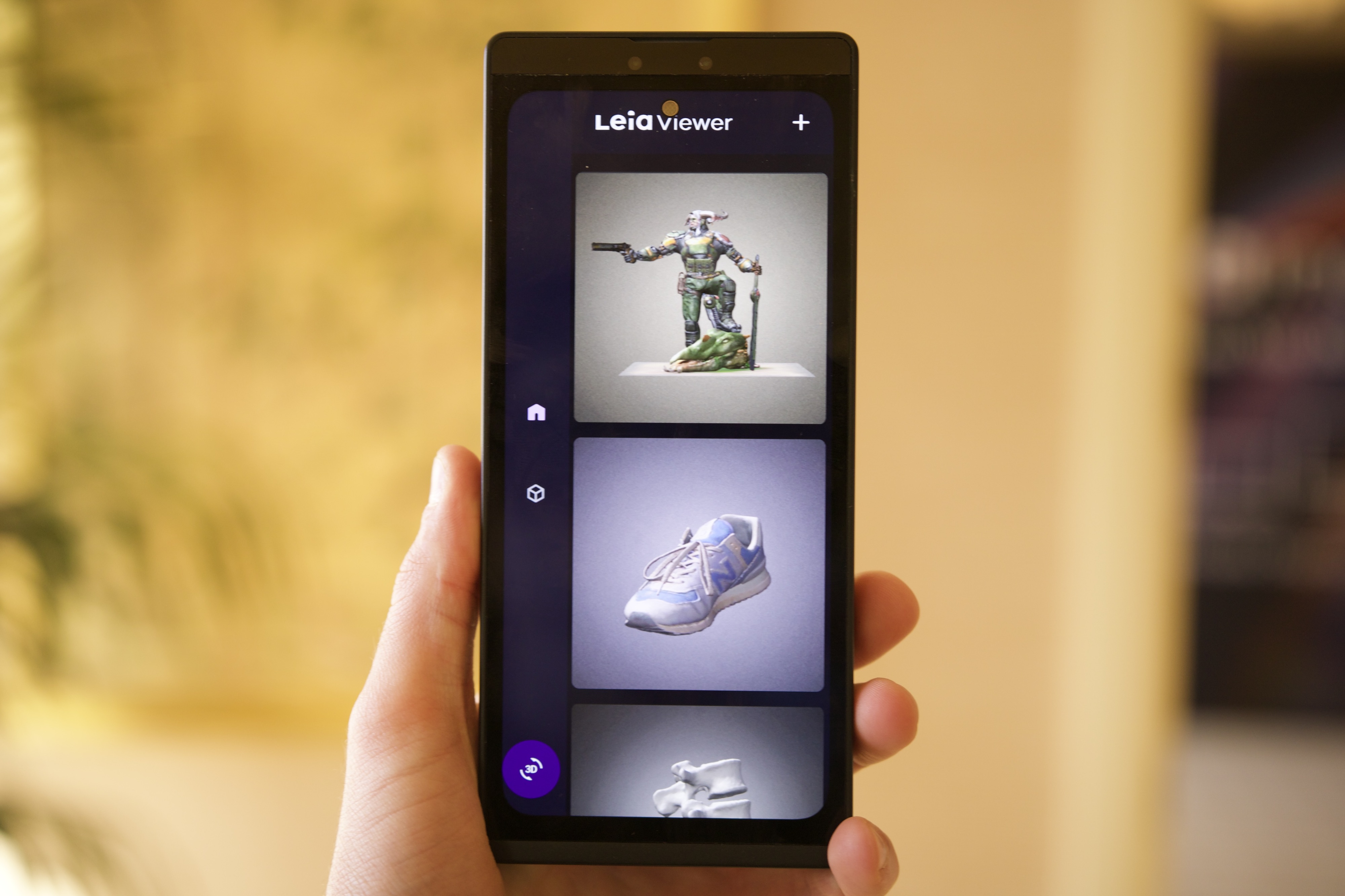 3D models displayed on a Leia 3D phone prototype.