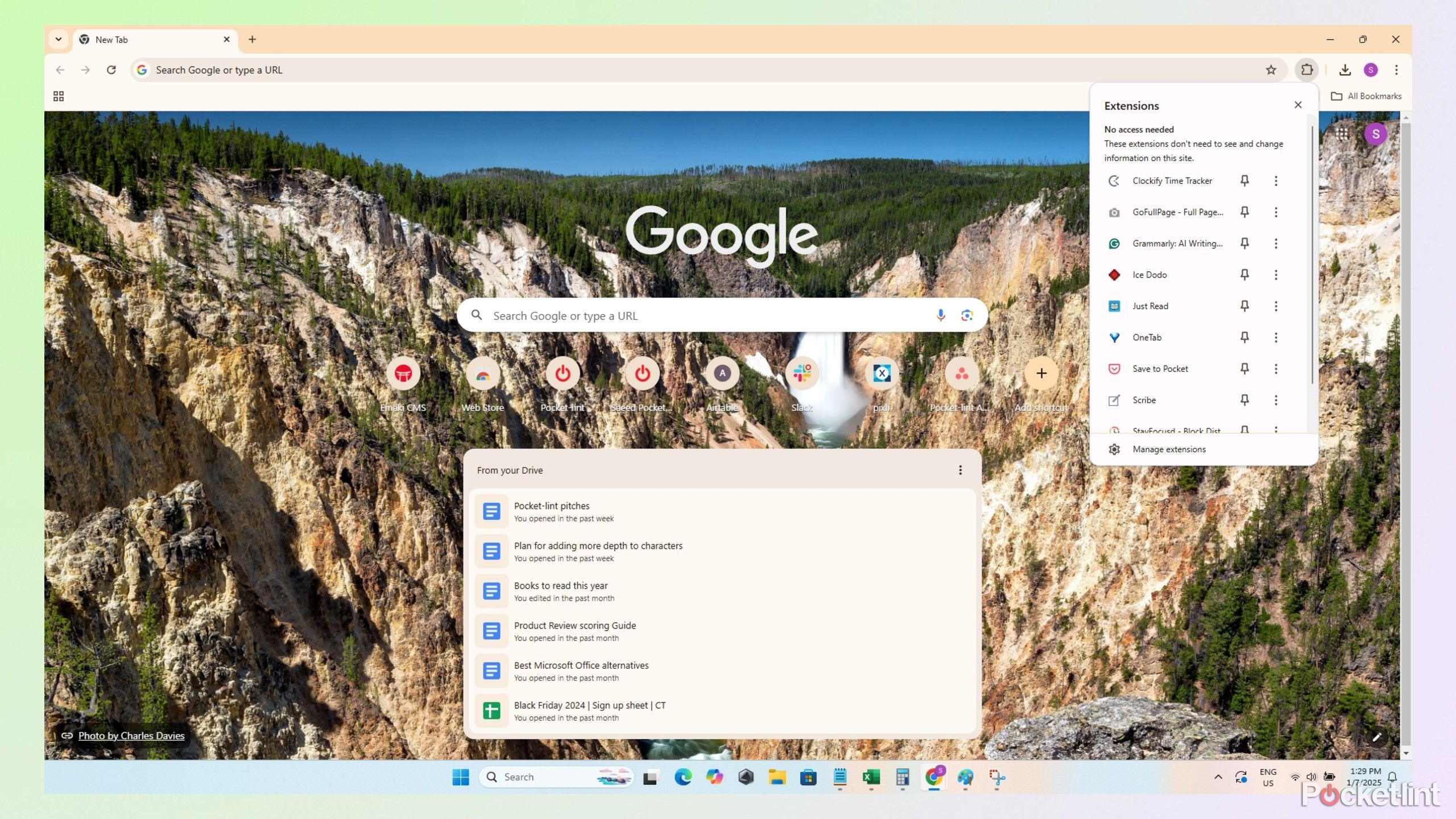 Chrome Extensions screenshot with a waterfall screensaver. 