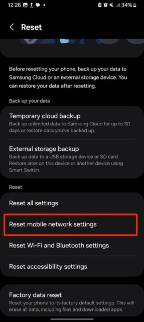 Selecting Reset mobile network settings option on Galaxy phone