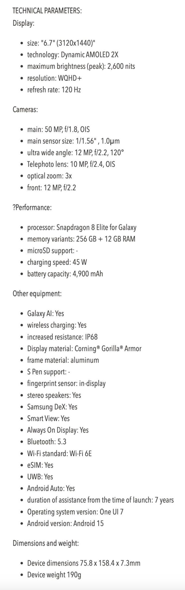 Full specifications and features of the Galaxy S25 Plus phone