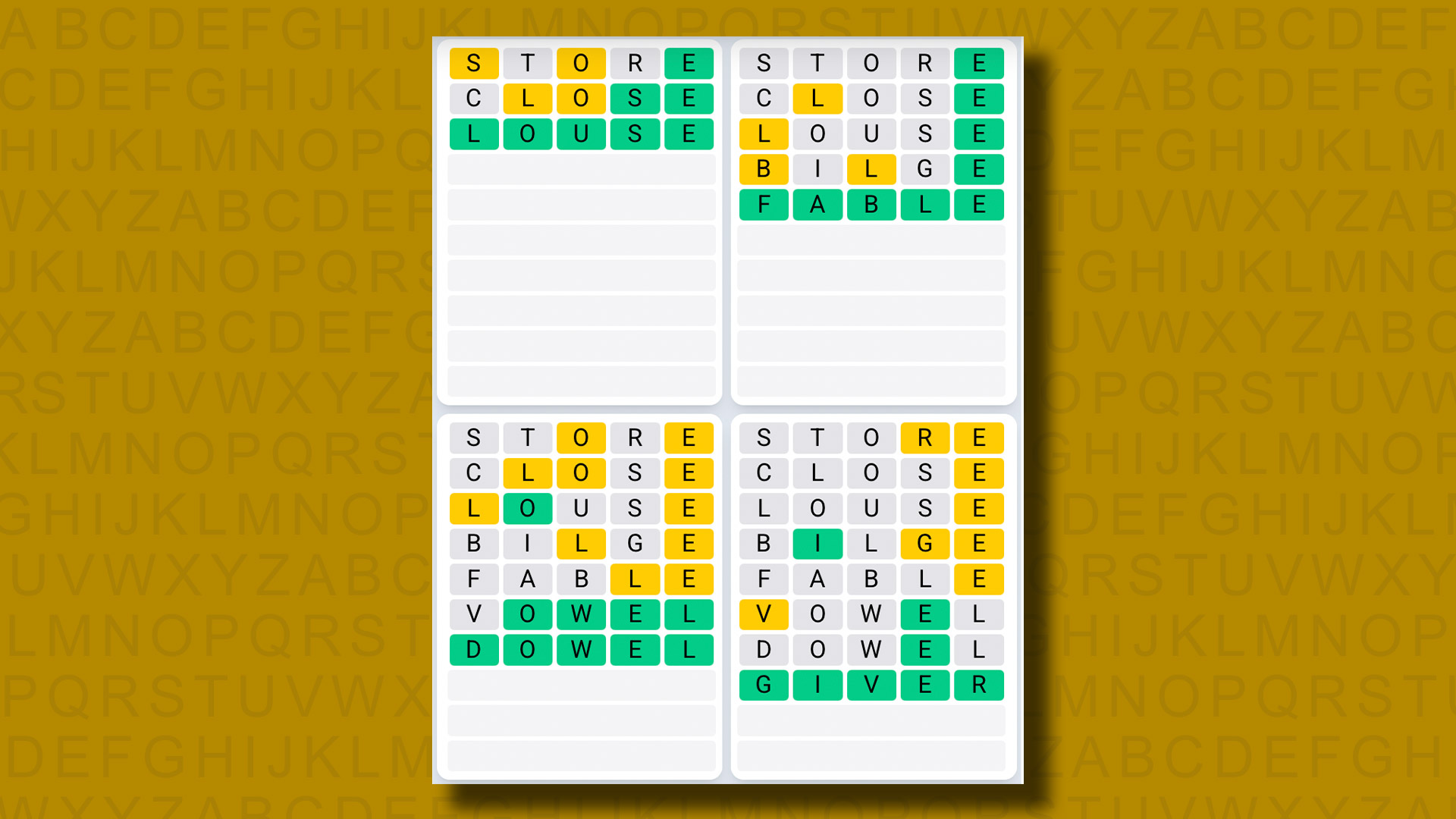 Quordle Daily Sequence answers for game 1093 on a yellow background