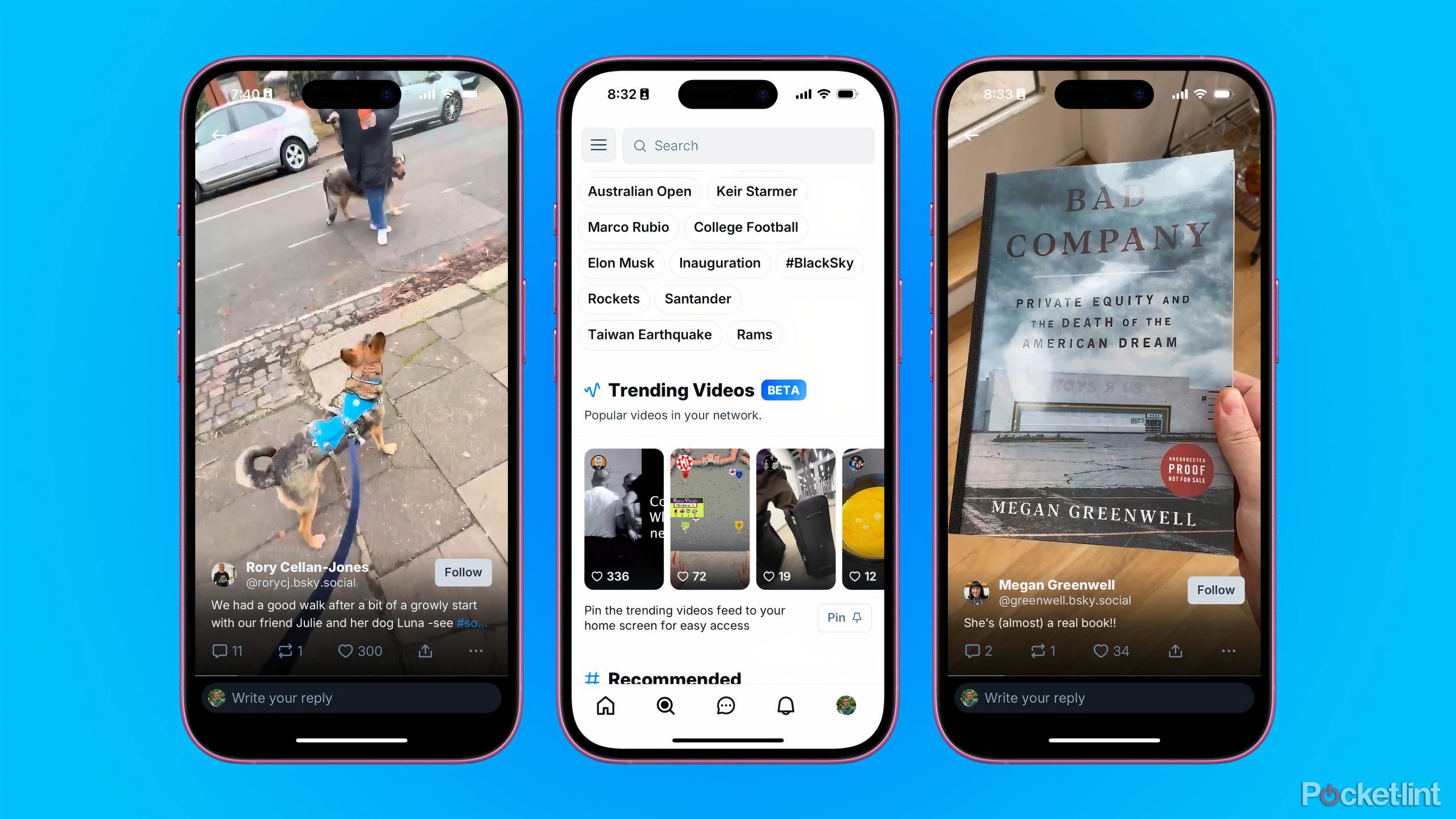 Three iPhones showing Bluesky's new video feed and the app's search tab with a new 