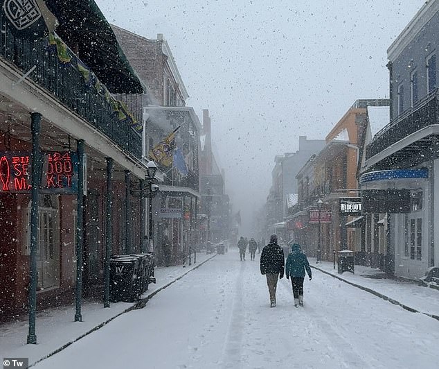 The storm has already brought significant snowfall to parts of Texas and Louisiana, including Bourbon Street in New Orleans, pictured here on January 21, 2025