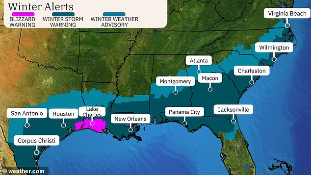 Various weather alerts have been issued in Texas, Louisiana, Mississippi, Alabama, Georgia, Florida, the Carolinas and Virginia