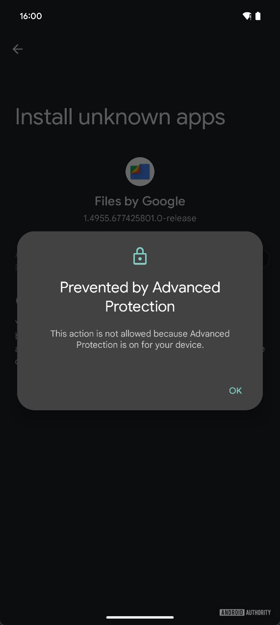 Advanced protection dialog in Android 16 Beta 1