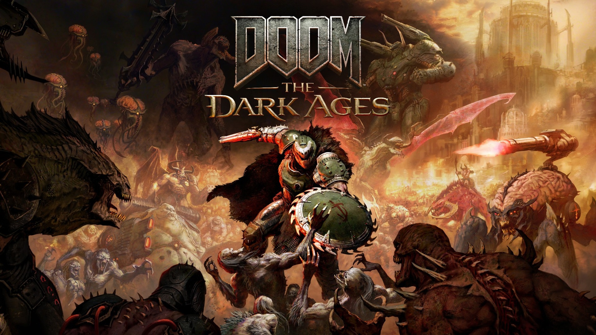 DOOM: The Dark Ages key art, showing the Slayer killing demons