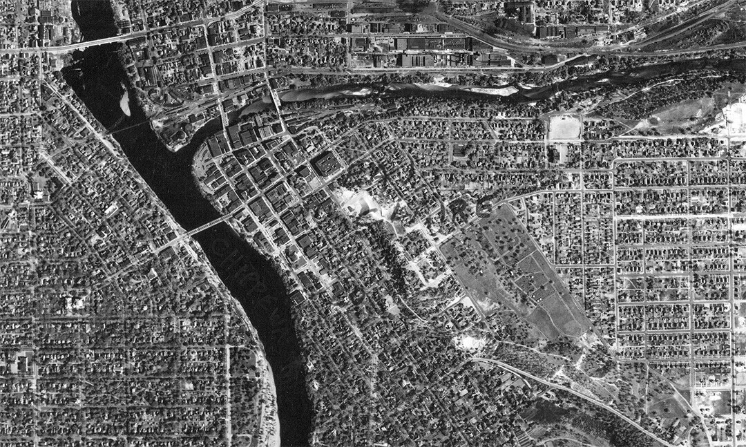 A 1939 aerial view of Eau Claire, centered on the downtown. Compared to today, there are far fewer parking lots. (Photo via Chippewa Valley Museum)