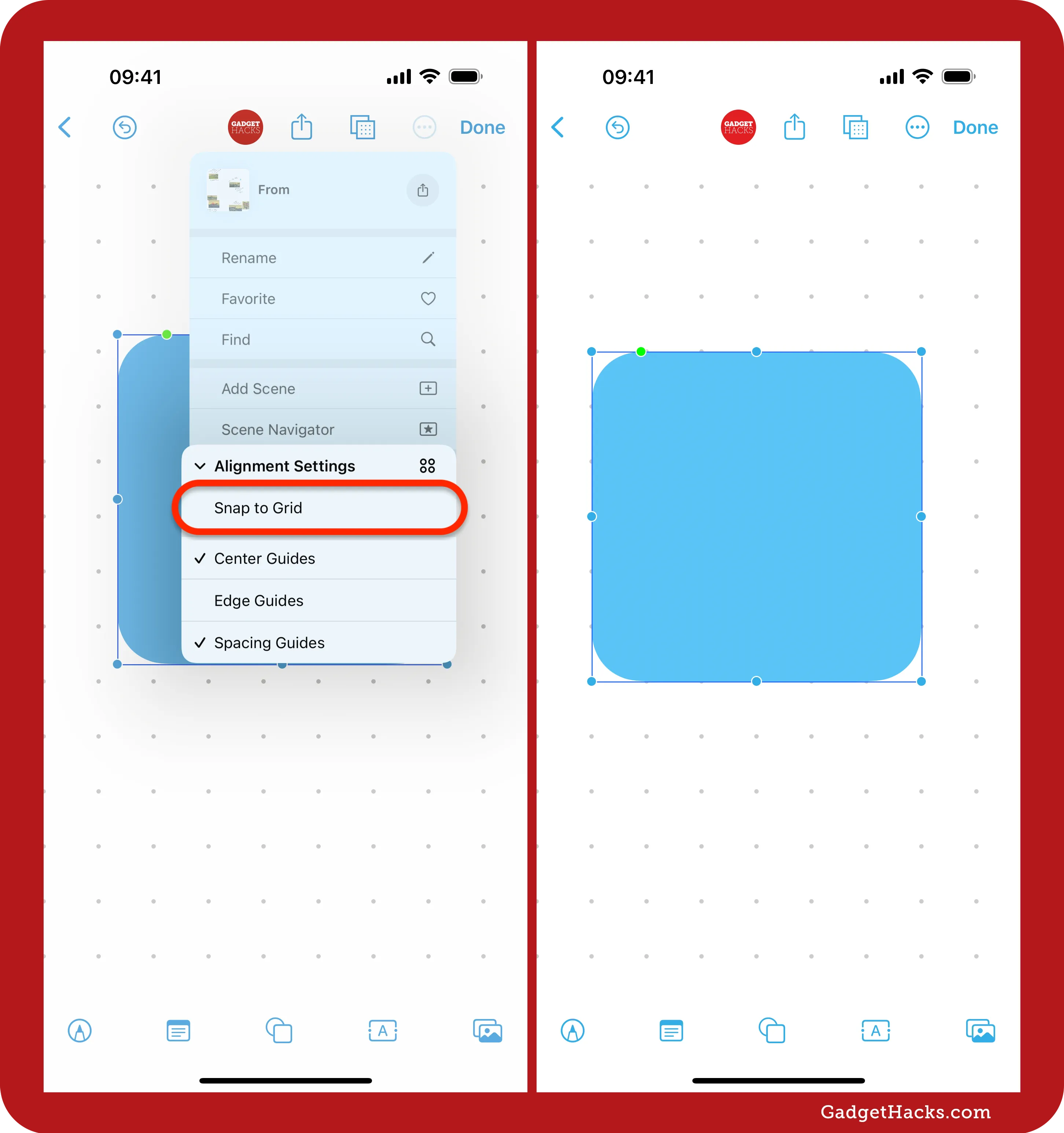 Snap to Grid in Freeform snaps edges and points to the nearest dot on the grid.