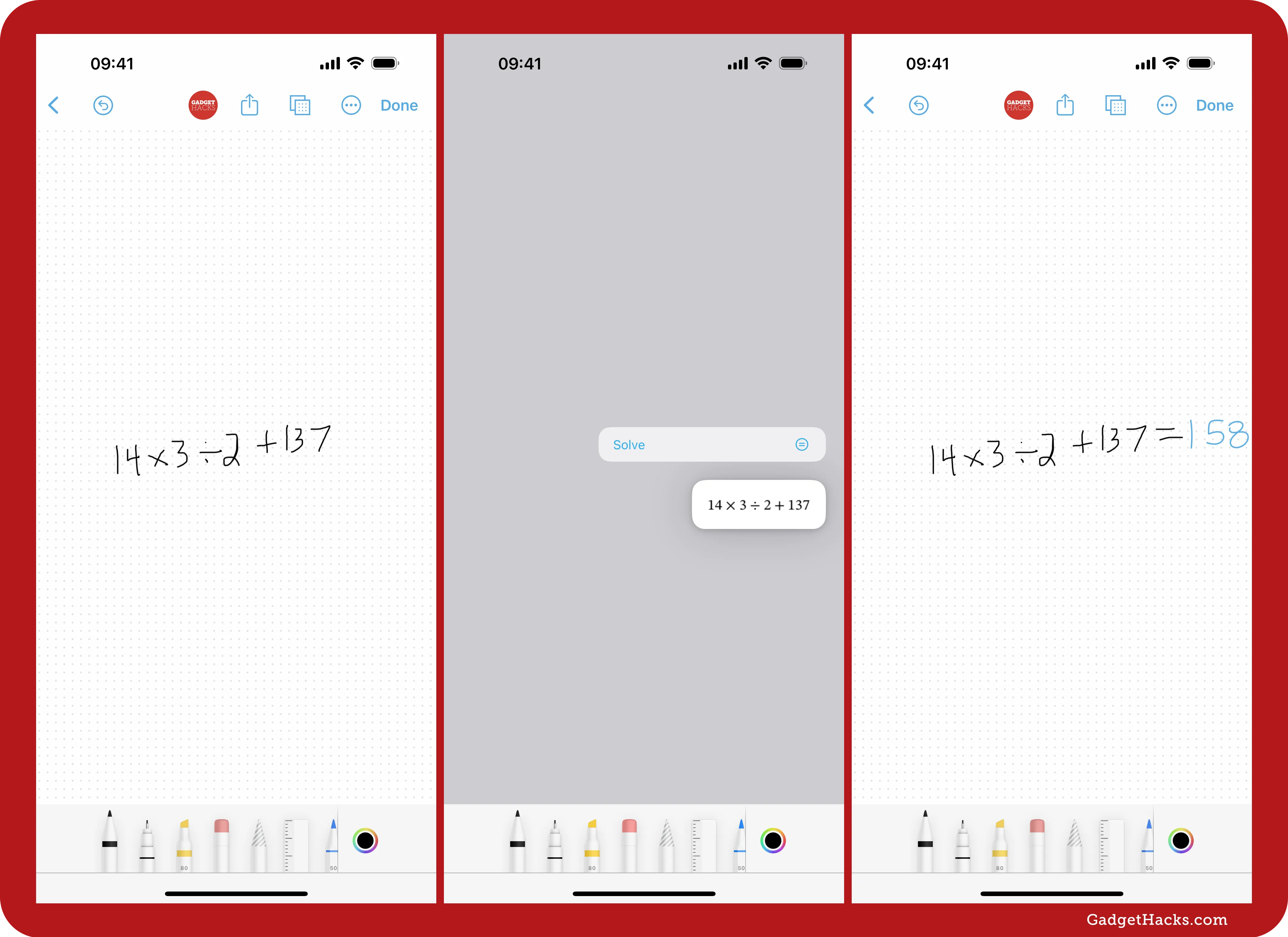 Solving handwritten math problems automatically in Freeform.