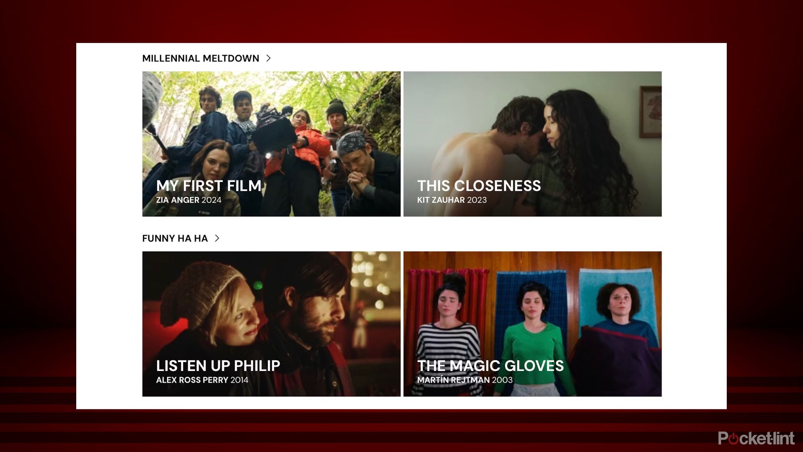 A screenshot of four different films on Mubi. 