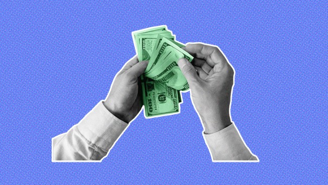 pair of hands in black and white counting money against a lavender background