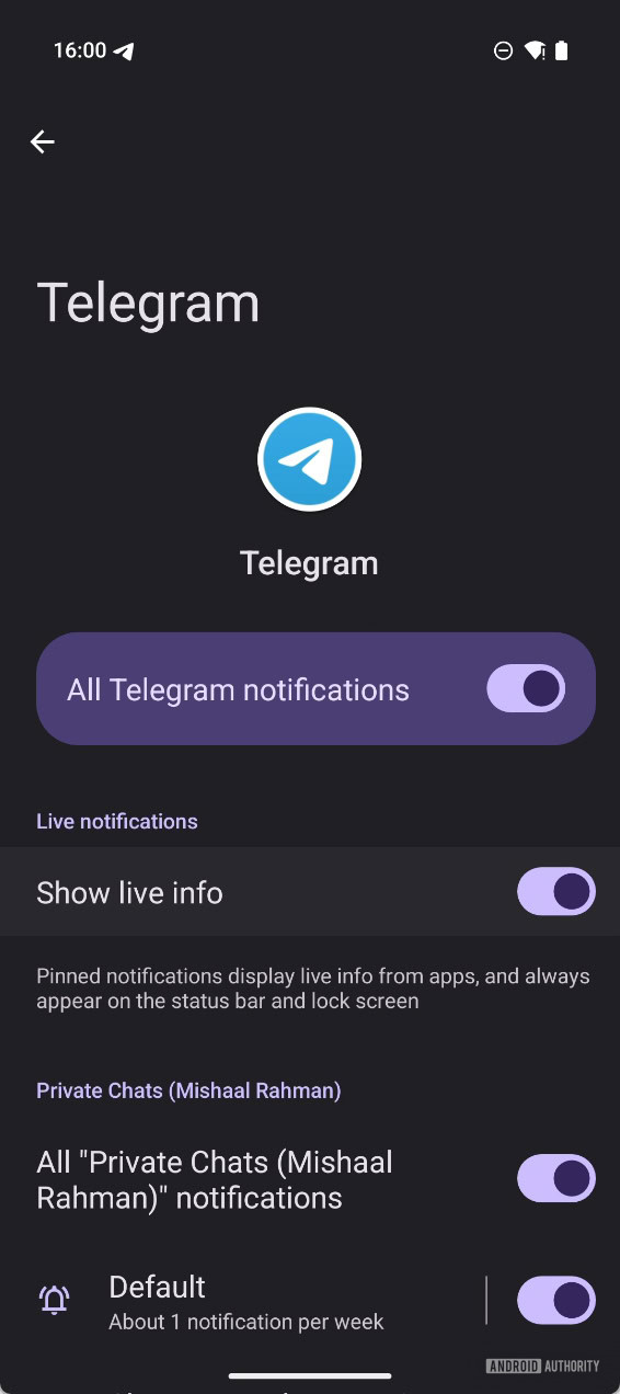 Live notifications toggle in Android 16 Beta 1