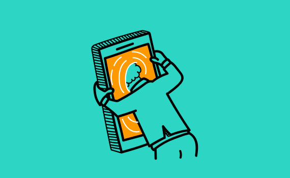 An illustration of a person sticking their head into a life-sized smartphone device.