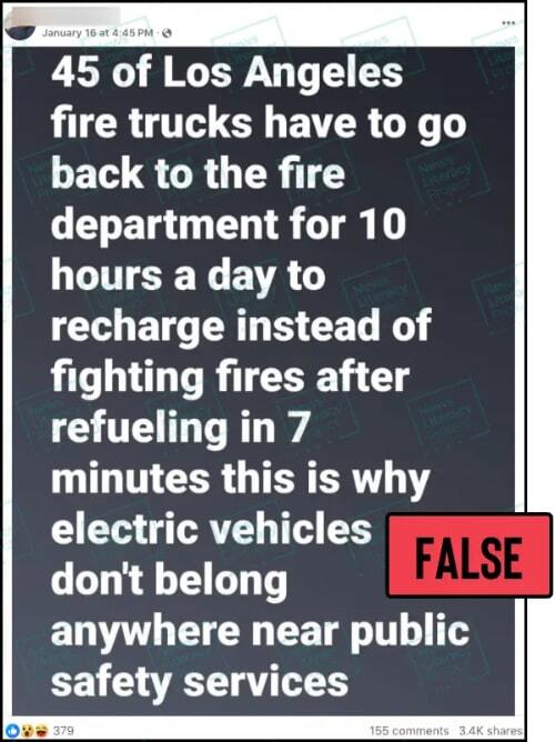 A Facebook post reads, “45 of Los Angeles fire trucks have to go back to the fire department for 10 hours a
day to recharge instead of fighting fires after refueling in 7 minutes this is why electric vehicles don’t belong anywhere near public safety services.” The News Literacy Project has added a label that says “FALSE.”