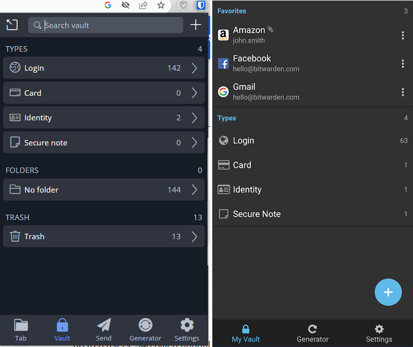 Bitwarden user interface, Chrome browser extension and Android
