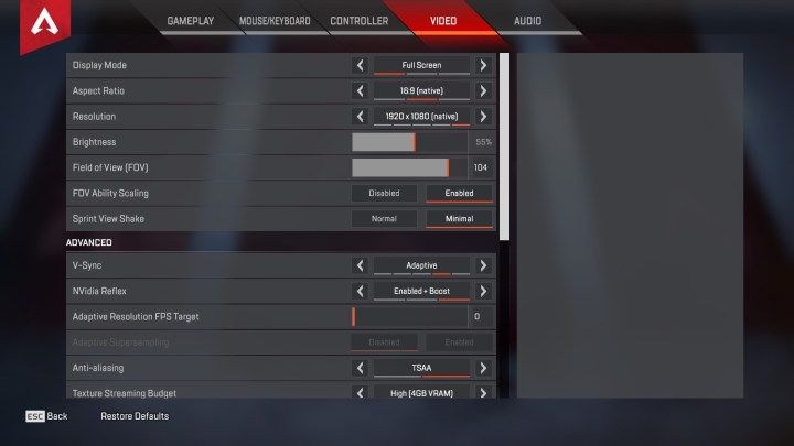 Screenshot for how to enable Nvidia Reflex in Apex Legends.