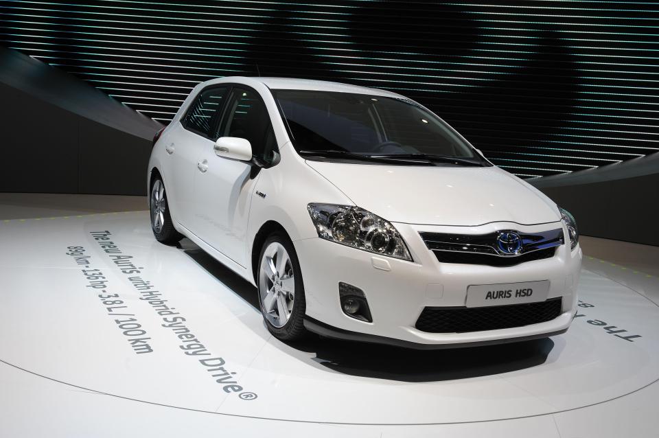 White Toyota Auris Hybrid on display.