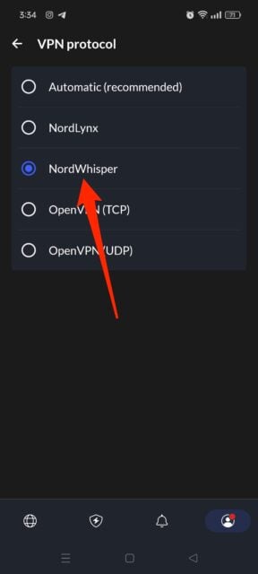 Selecting NordWhisper protocol on NordVPN app