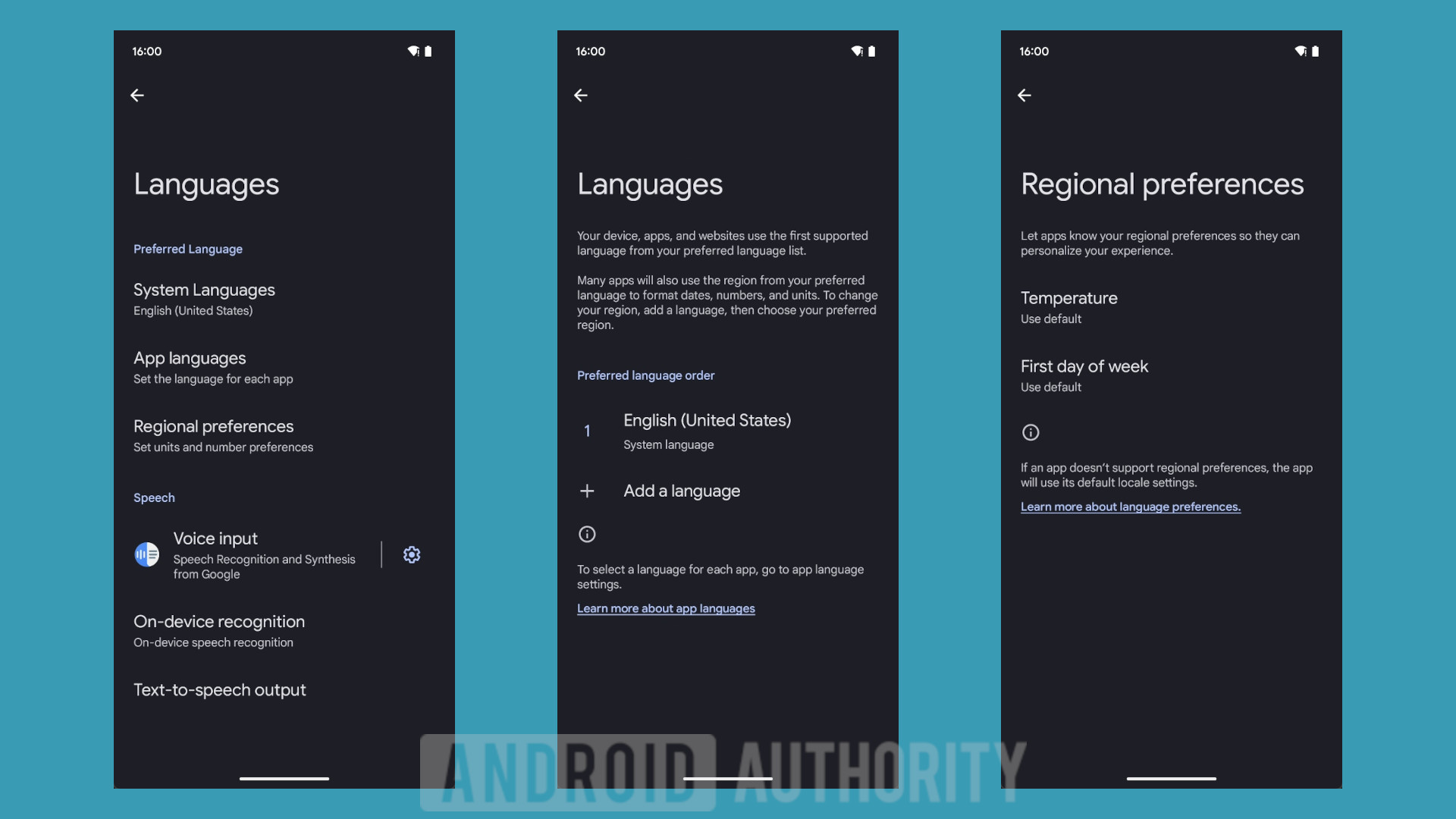 Current language and regional preferences settings in Android 16 Beta 1