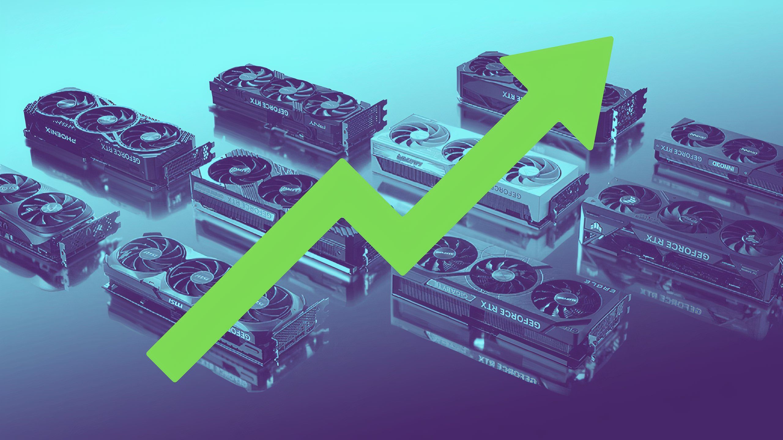 green stock market arrow rising over a background of Nvidia GPUs