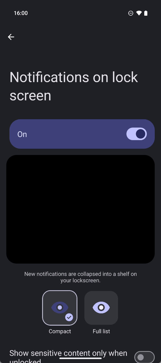 Notifications on lock screen settings in Android 16 Beta 1 a