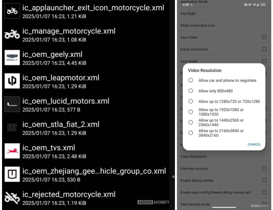 Screenshot (left) highlighting the TVS motor brand logo and Android Auto's upcoming support for video output in higher resolutions (right).