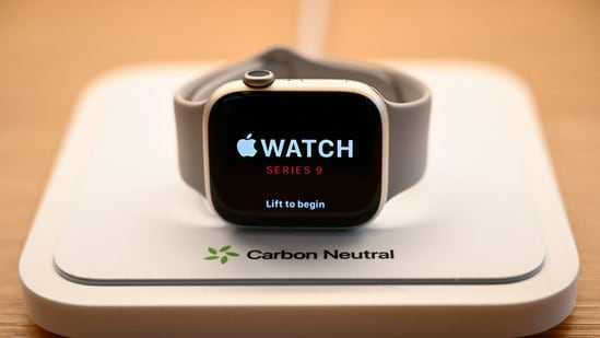 An Apple Watch Series 9 carbon neutral device is displayed for sale at The Grove Apple retail store on release day in Los Angeles, California, on September 22, 2023.(Patrick T. Fallon/AFP)