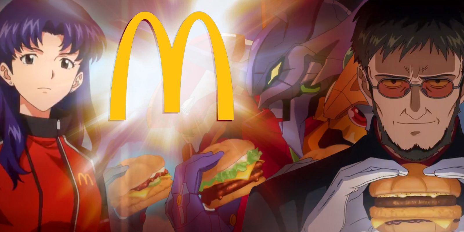 Evangelion's Misato, Gendo and Unit 01 with McDonald's burgers