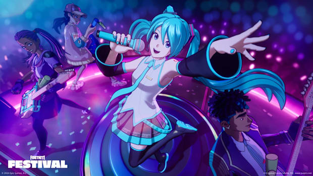 Hatsune Miku on a cirular neon stage singing in a microphone as various musicians play around her.