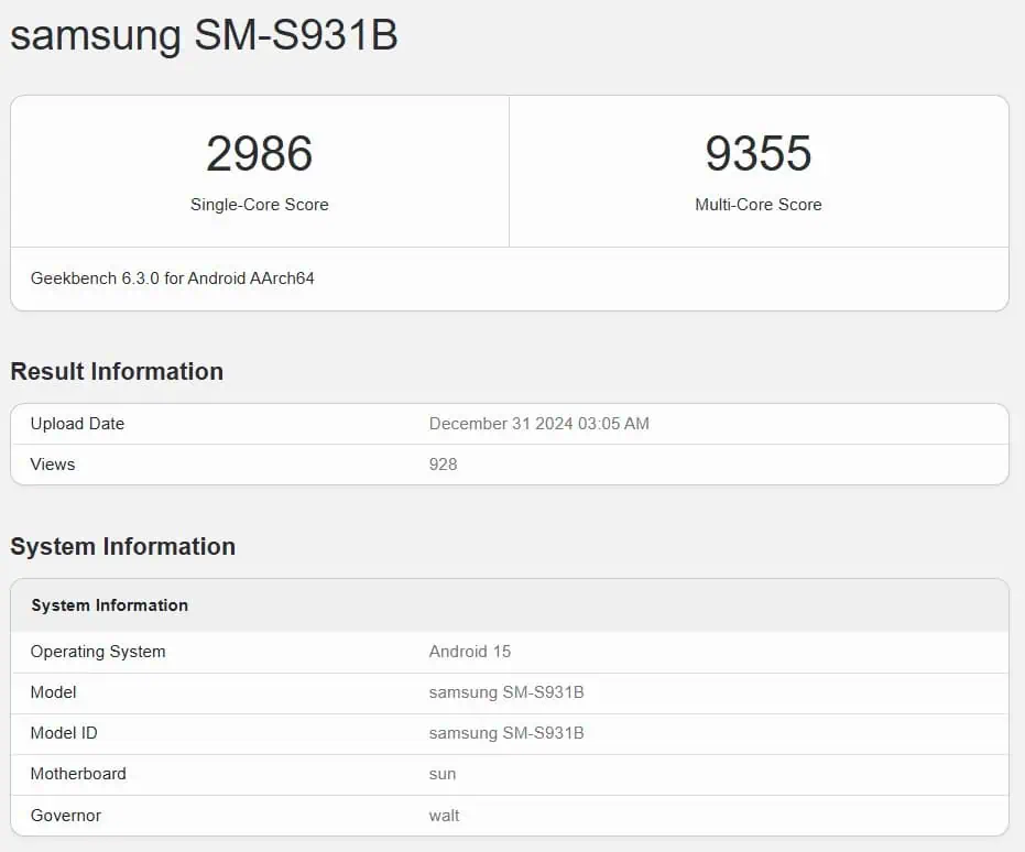 Galaxy S25 plus global Geekbench