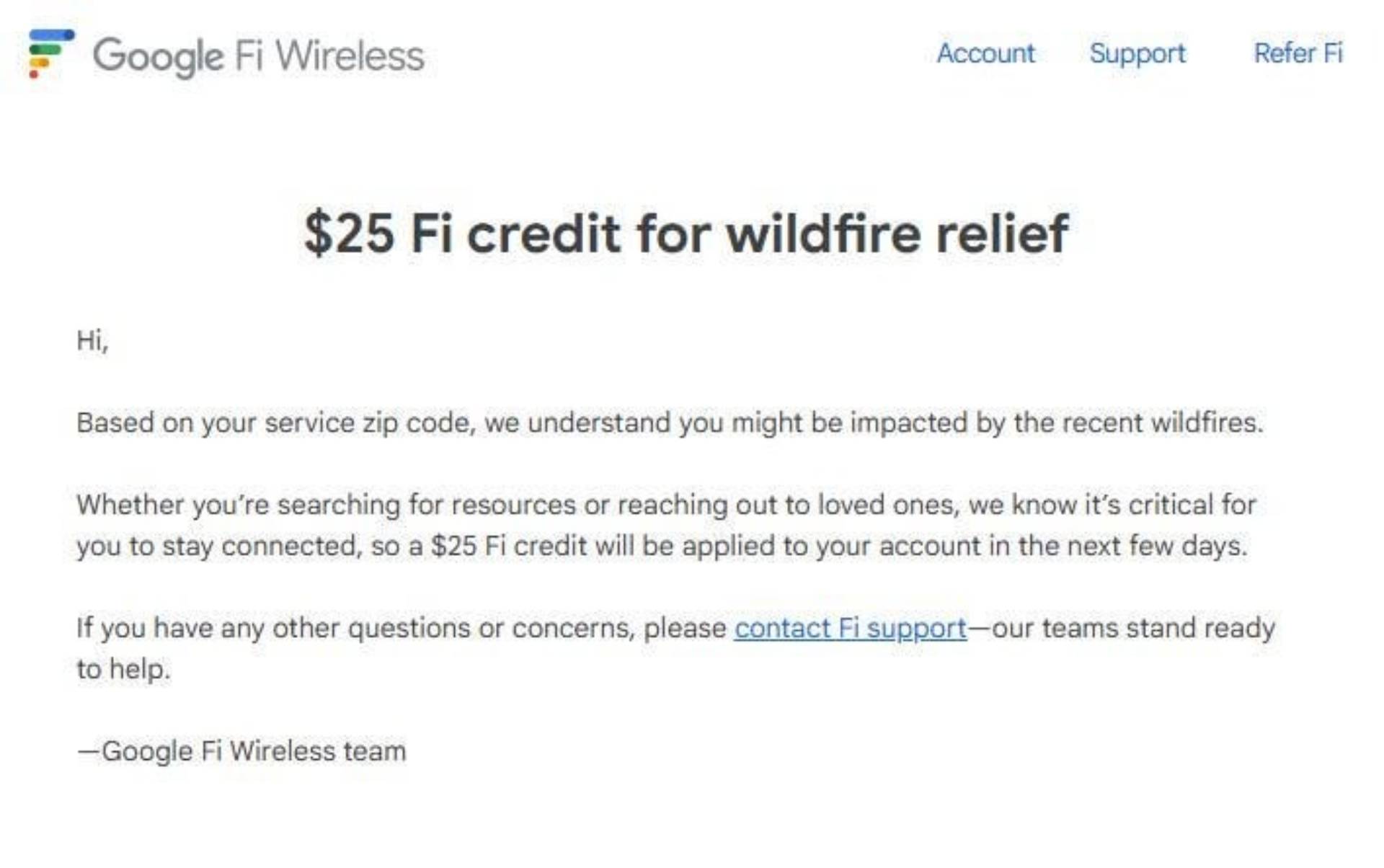 Google Fi wildfire relief credit email screenshot