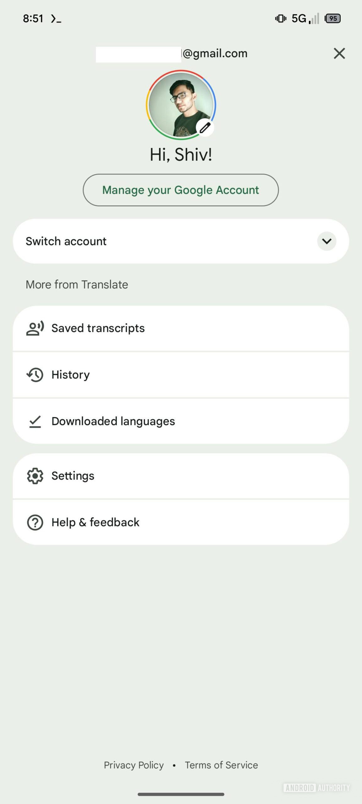 Google Translate app settings with new account switcher