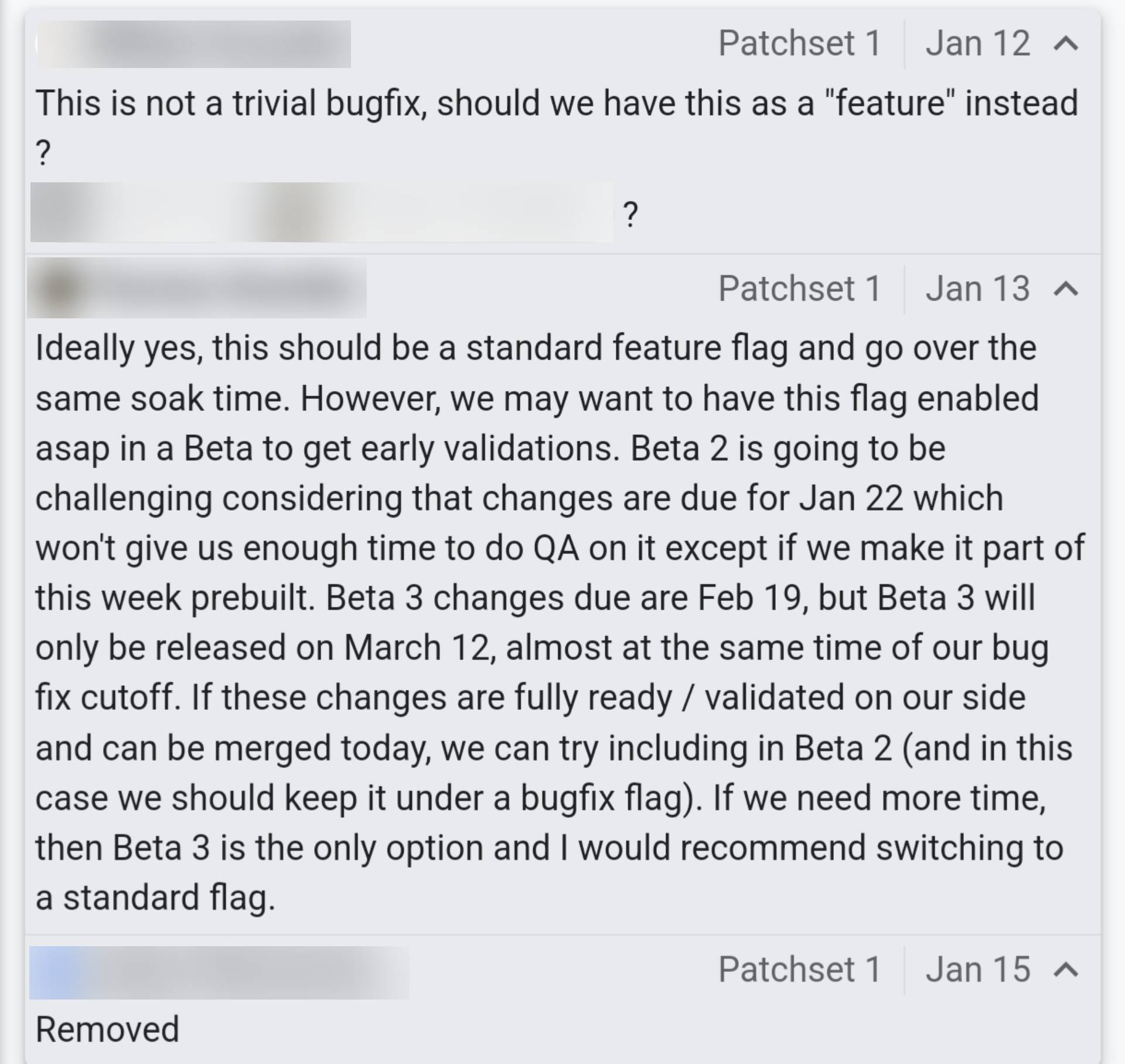 Screenshot of a comment from the Android Gerrit revealing Android 16 beta release dates