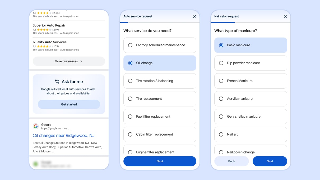 Three screens of Ask for Me, a Google Labs experiment.