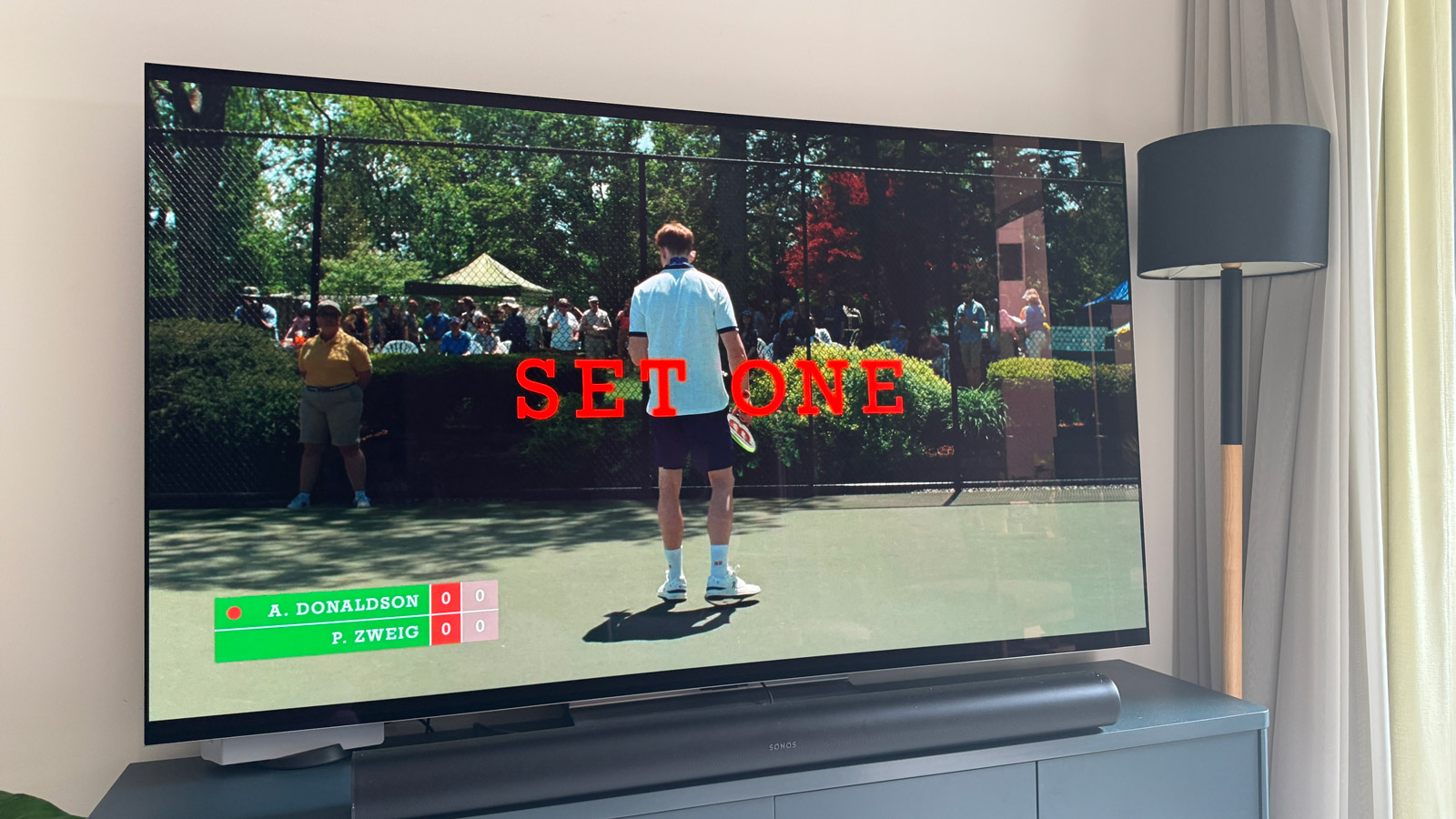 Scene from the movie Challengers displayed on an LG G4 OLED TV