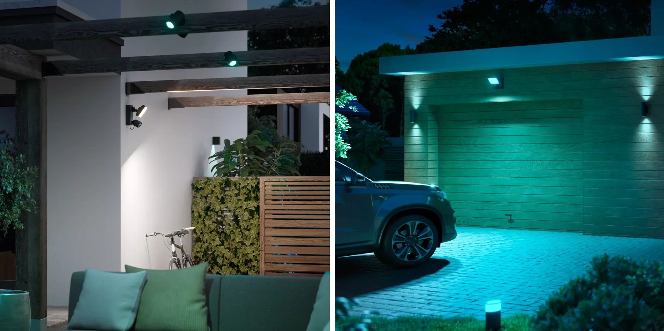 Smart security lighting on a house and garage.