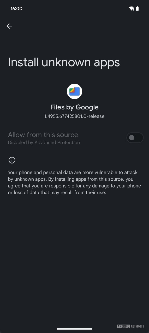 Sideloading disabled by advanced protection in Android 16 Beta 1