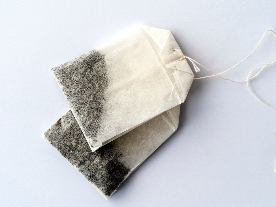 Two tea bags on a white background.