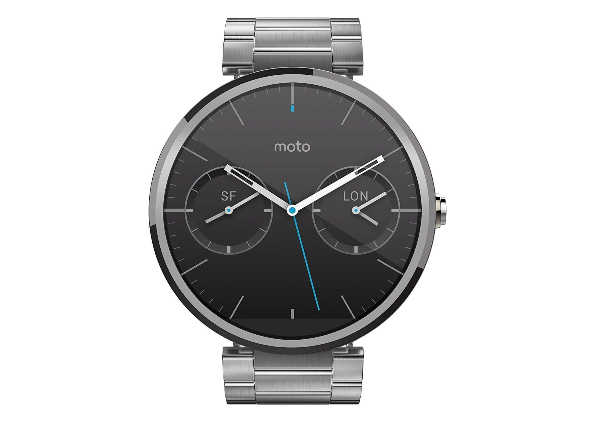 Moto 360 first-generation smartwatch in metal.